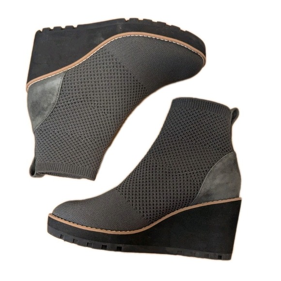 Eileen Fisher 5.5 Boots London Recyled Quill Grey Knit Suede Wedge Ankle Modest - Picture 3 of 8